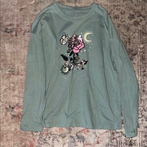 Wonder Nation Green Long Sleeve Tee with Butterfly and Floral Design